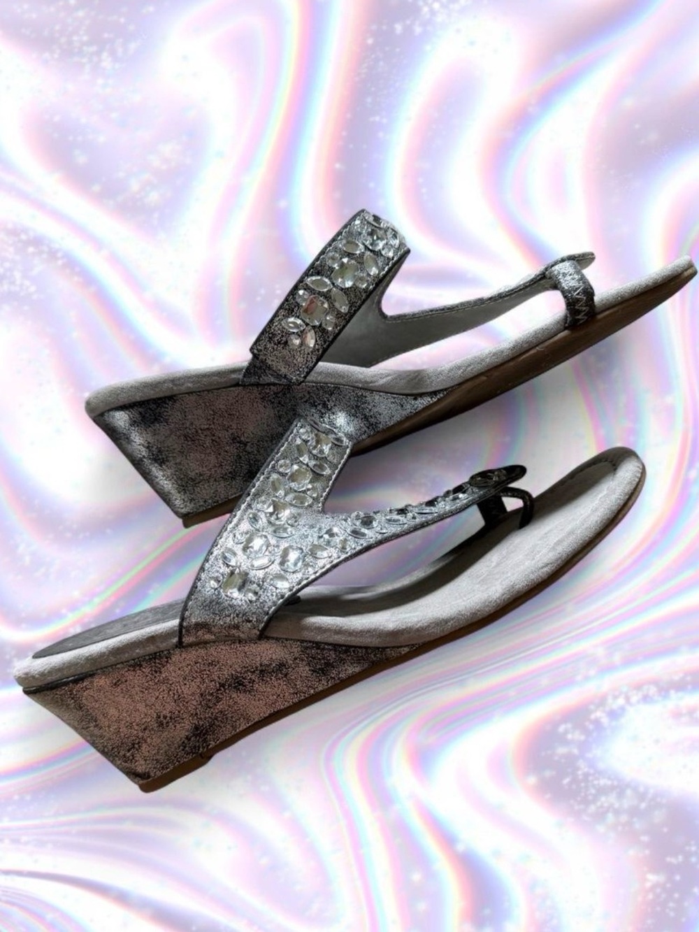 New York Transit Silver Jeweled Wedge Thong Sandals